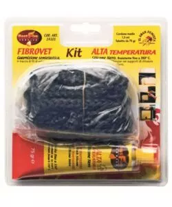 GUARNIZIONE IN FIBRA DI VETRO BEST FIRE "KIT FIBROVET" CON CORDA 1,5 MT, DIAMETRO 6 MM E TUBETTO SILICONE NERO DA 75 GR